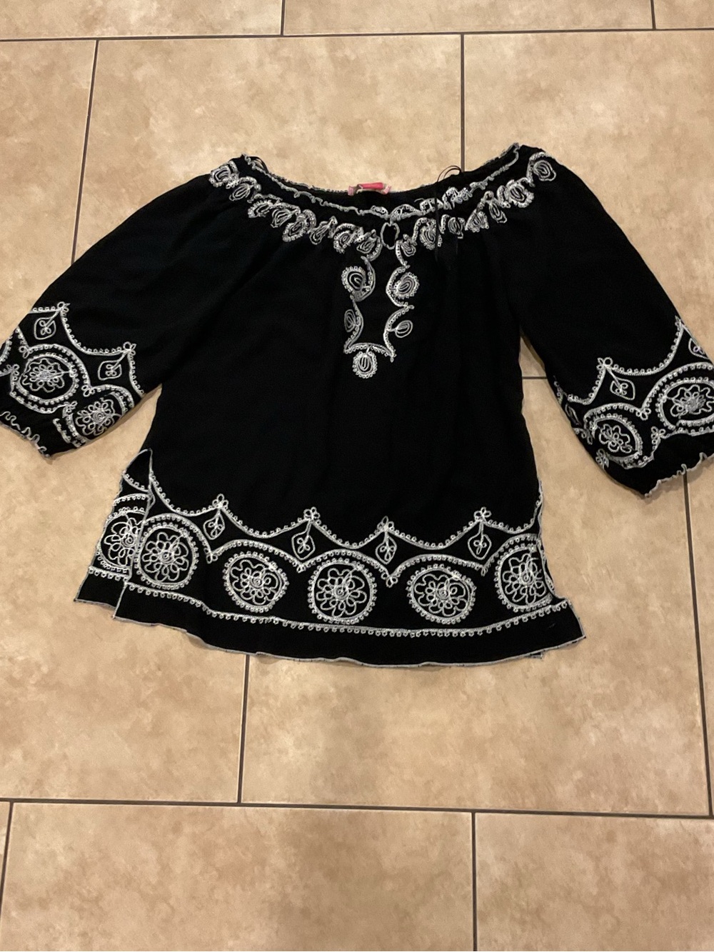 Sunny Leigh Black Boho Off-Shoulder Tunic with White Embroidery